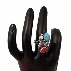 VTG Sterling Silver Ring with Turquoise and Red Coral Stones